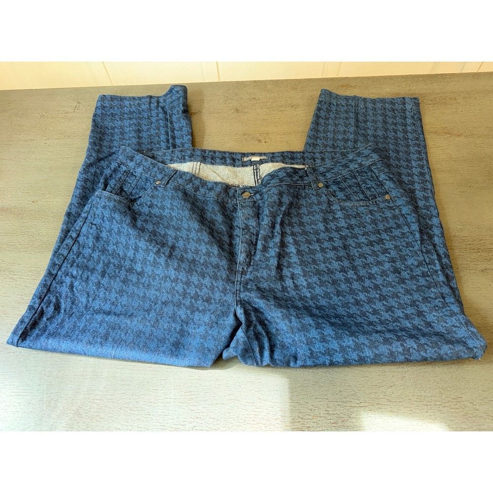 Jessica London Plus Size 22W Blue Houndstooth Print Straight Leg Denim Jeans